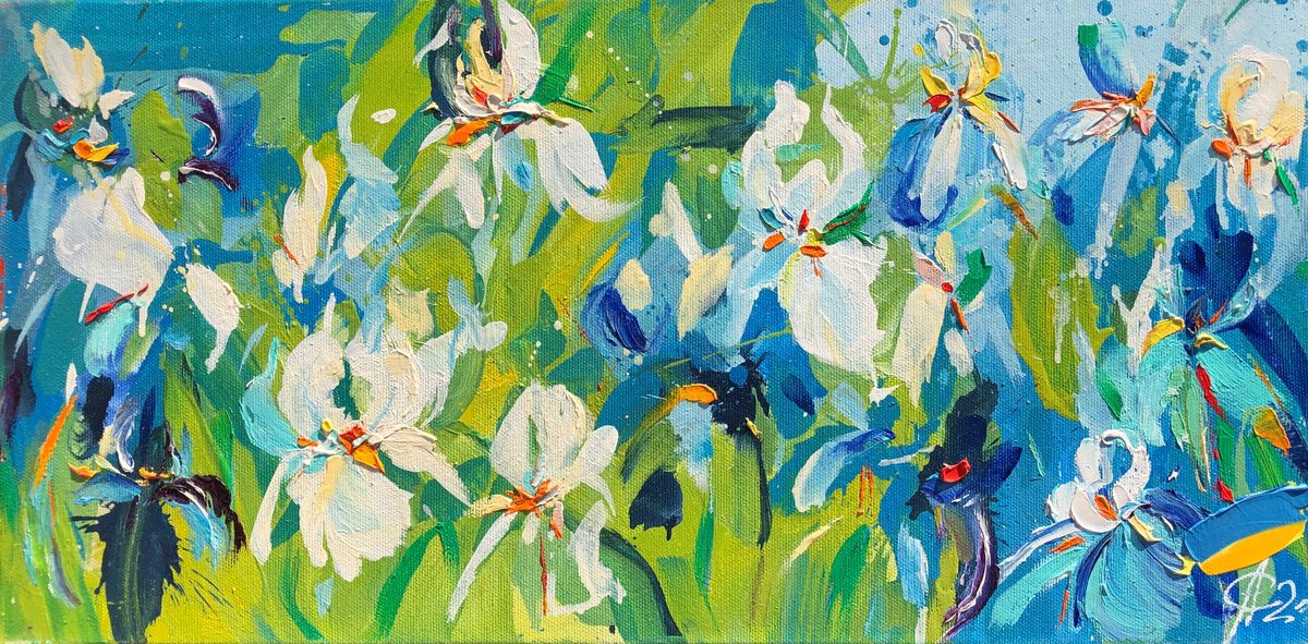 Abstract Botanical Oil Painting By Svitlana Andriichenko, 20 X 10", Morning Cool, Original Artwork