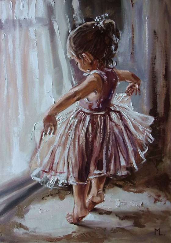 " WILL BE A STAR ... "-  little dancer liGHt ballet ORIGINAL OIL PAINTING, GIFT, PALETTE KNIFE