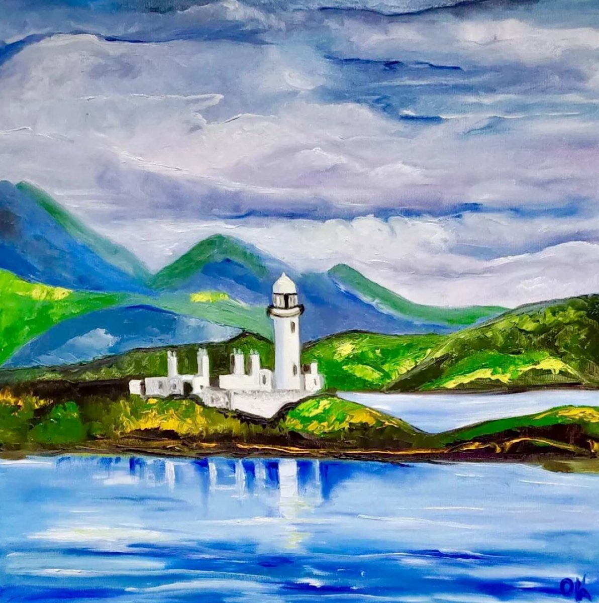 Impressionistic Landscape Oil Painting By Olga Koval, 24 X 24", Lismore Lighthouse Scotland, Original Artwork