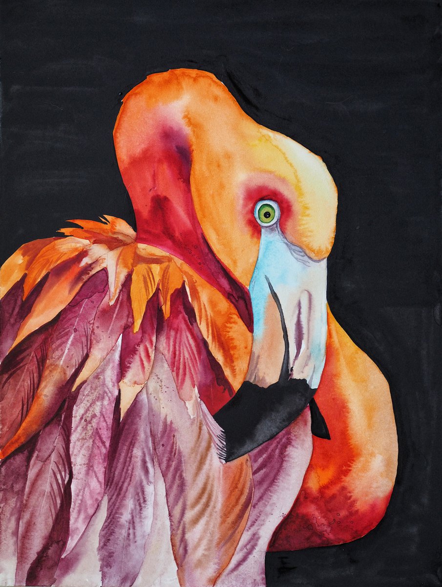 Impressionistic Animal Watercolour By Delnara El, 12 X 16, Flamingo, Original Artwork