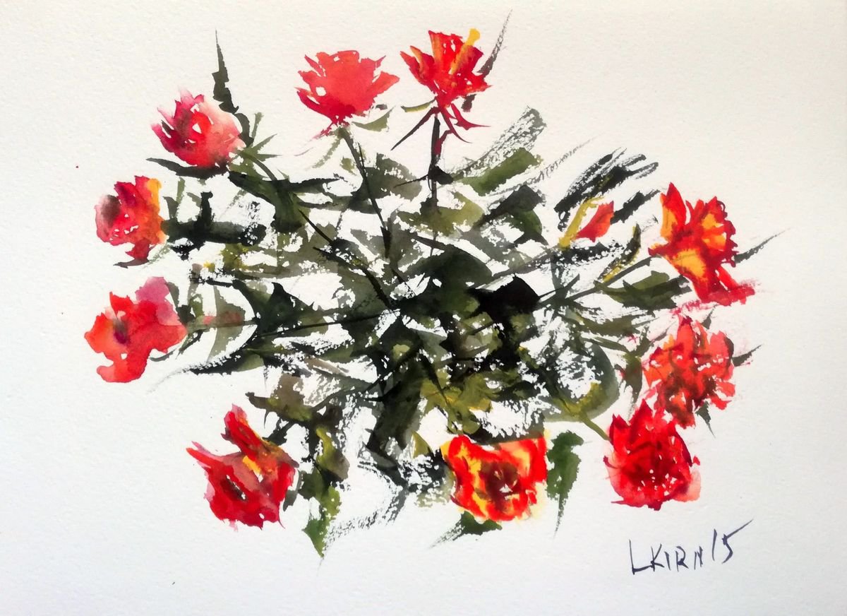 Impressionistic Botanical Watercolour By Leonid Kirnus, 13 X 10", The Roses, Original Artwork