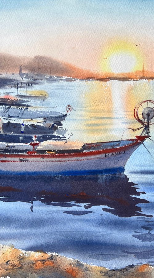 Boats on the pier Sunset by Eugenia Gorbacheva