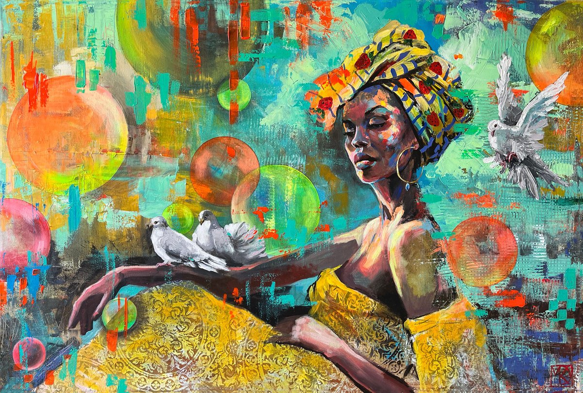 Expressive Portrait Acrylic Painting By Maria Kireev, 47 X 31", Whispering Wings, Original Artwork