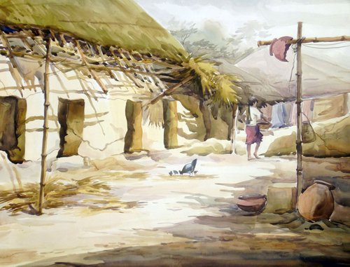 Bengal Village Broken Hut-Watercolor on Paper by Samiran Sarkar