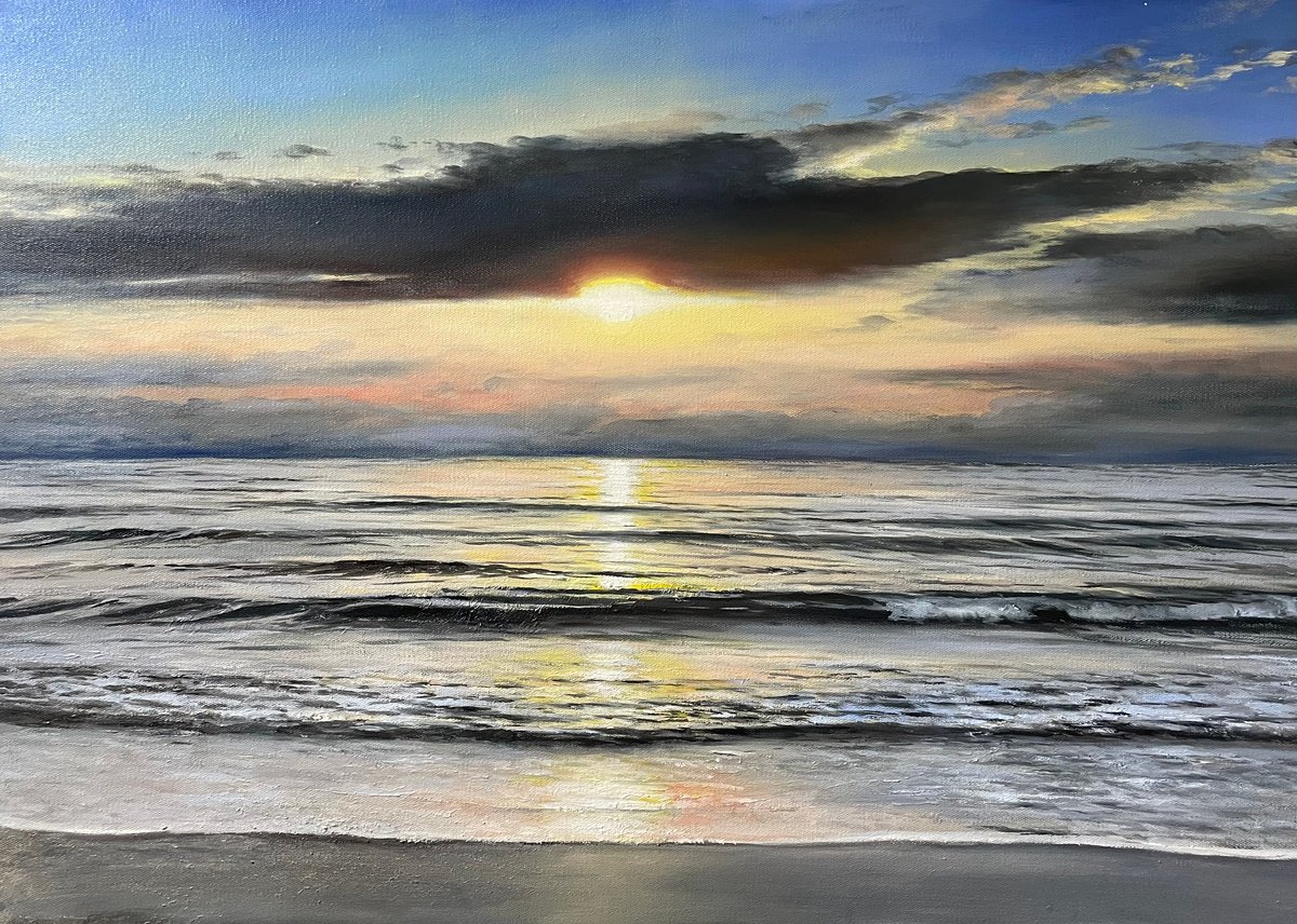 Photorealistic Landscape Oil Painting By Aflatun Israilov, 39 X 28, Golden Sunset Ocean 2025, Original Artwork