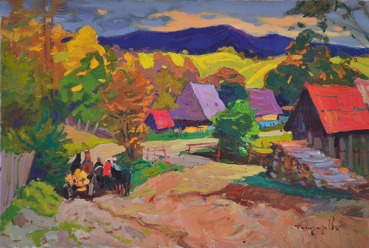 Impressionistic Landscape Oil Painting By Alexander Shandor, 31 X 22, Preparation For Winter, Original Artwork