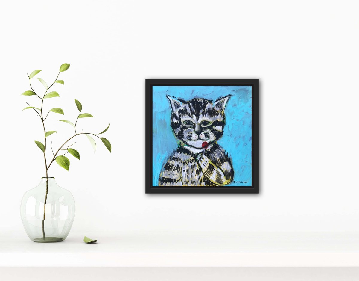 Photorealistic Animal Oil Painting By Roberto Munguia Garcia, 12 X 12", Lollipop Cat, Original Artwork