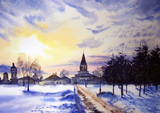 Winter landscape watercolor original painting