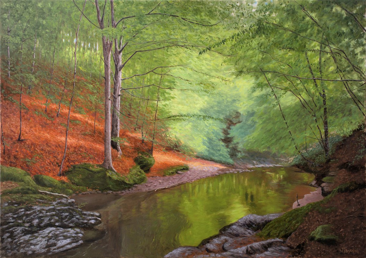 Impressionistic Landscape Oil Painting By Dejan Trajkovic, 47 X 33, The Pool, Original Artwork