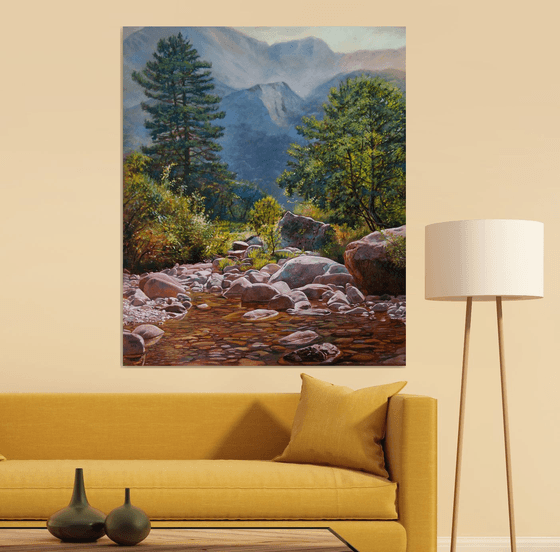 River Flowing from the Mountains (Original Oil Painting, 100% Handmade)