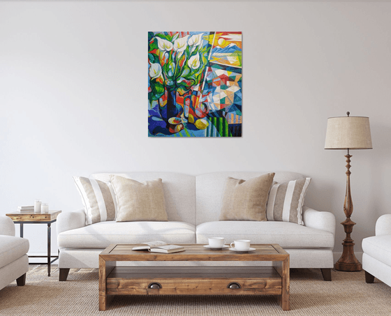 Still life with callas(80x90cm, cubism, oil painting, ready to hang)