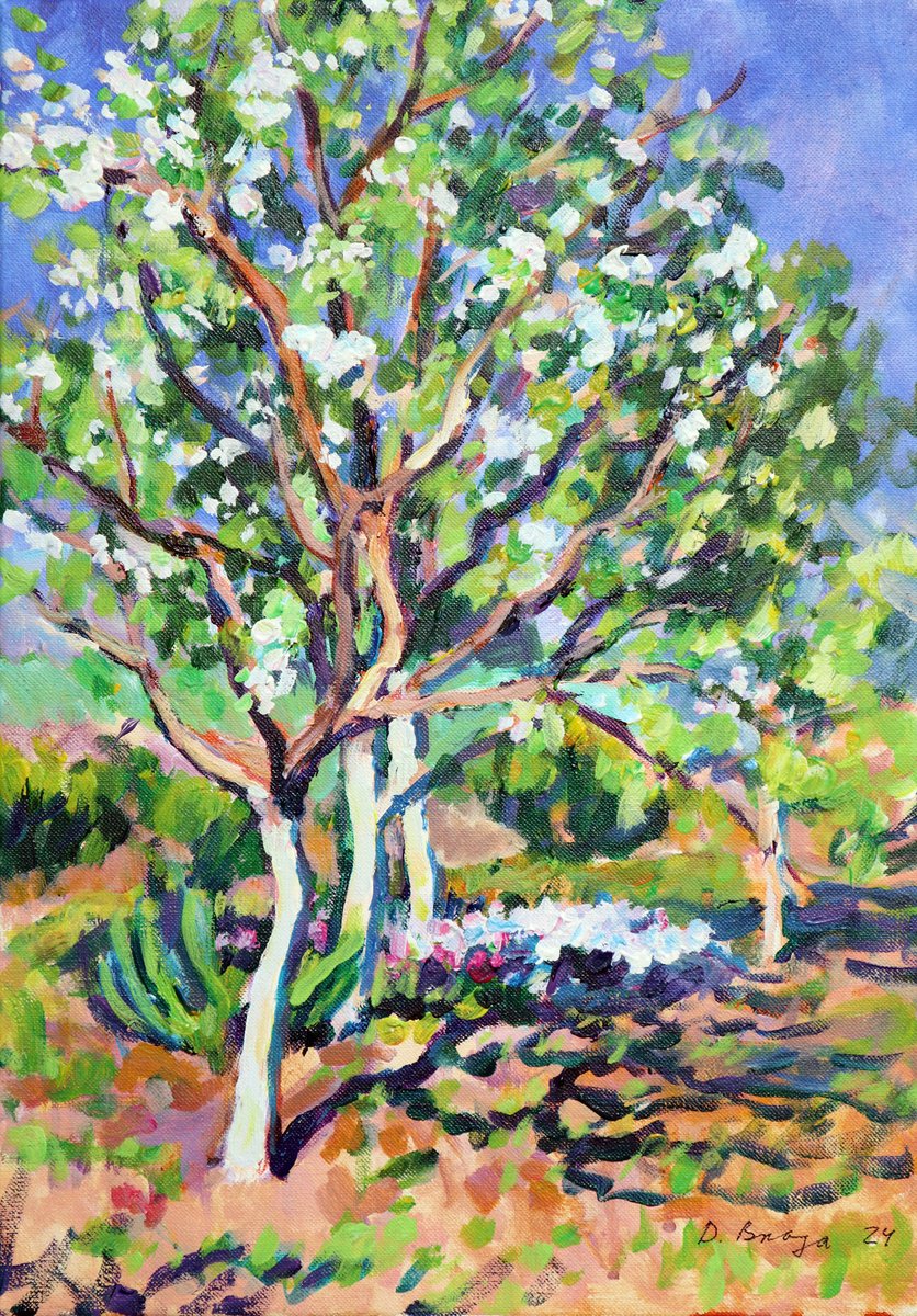 Expressive Landscape Acrylic Painting By Dima Braga, 14 X 20, Blooming Apple Trees (Plein Air), Original Artwork