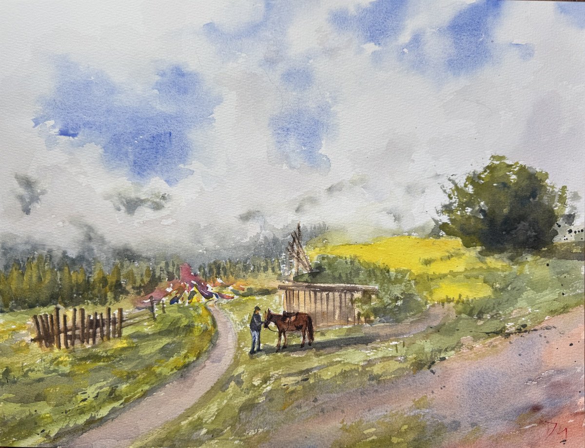 Impressionistic Landscape Watercolour By Shelly Du, 16 X 12", Morning Fog At Tibetan Village, Original Artwork