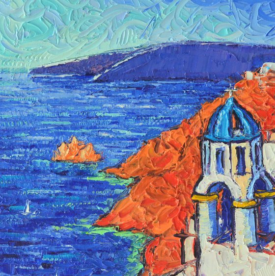 BLUE DOMES IN OIA SANTORINI GREECE original modern impressionist abstract cityscape textural impasto palette knife oil painting