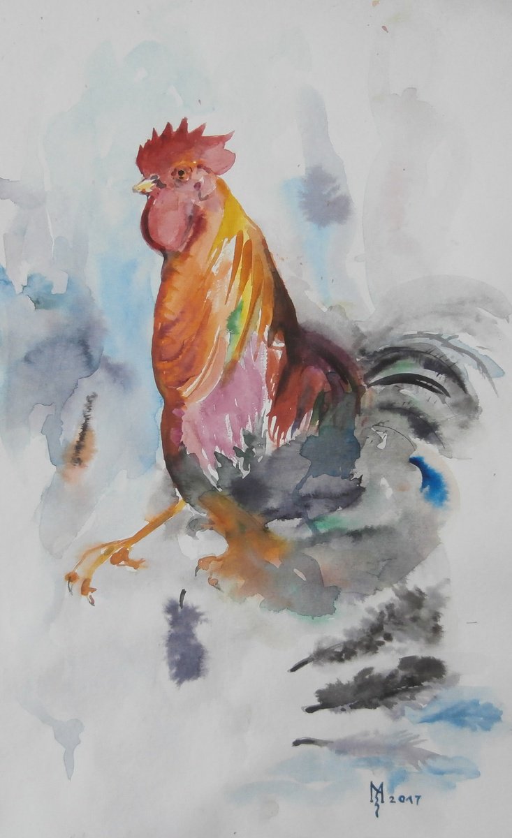 Impressionistic Animal Watercolour By Zoran Mihajlovic Muza, 8 X 14", Rooster, Original Artwork