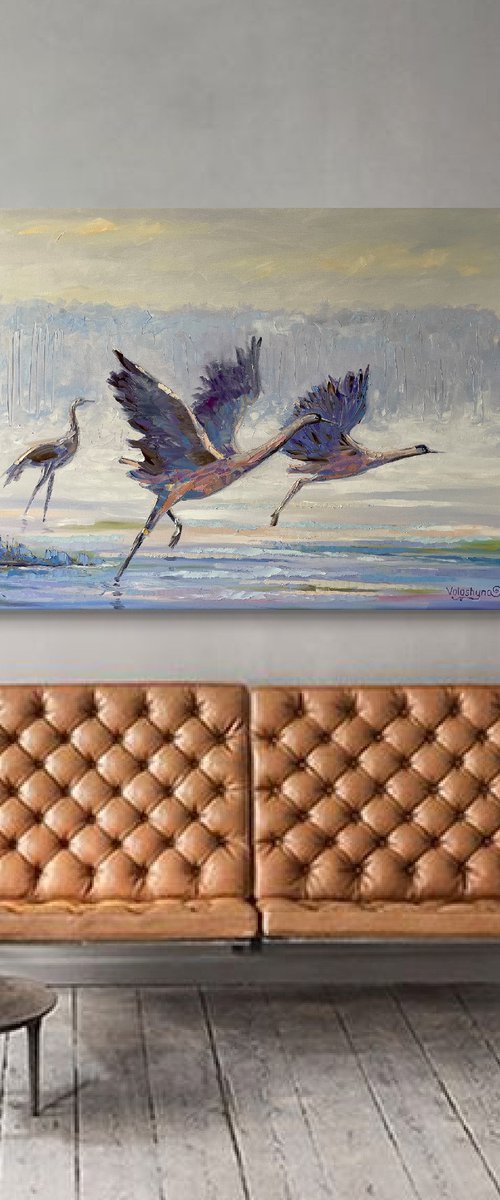 "Flight of birds". Oil painting. Birds in flight by Mary Voloshyna