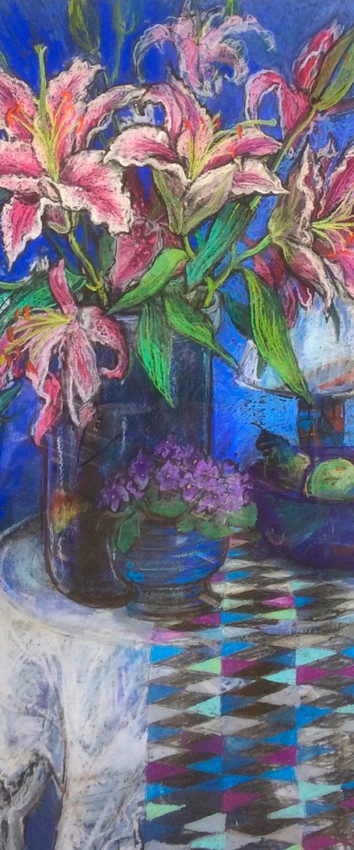 Lilies African Violets and apples still life by Patricia Clements