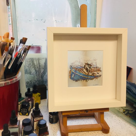 Miniature watercolour on silk - 'Blue Boat'