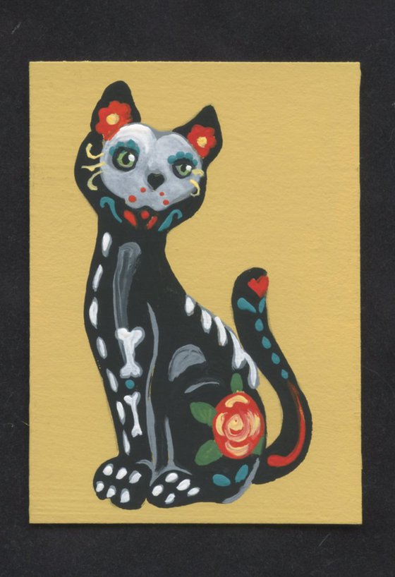 ACEO ATC Original Day of the Dead Sugar Skull Painting Black Cat Pet Art-Carla Smale