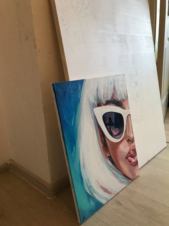 WITHOUT ANY MEANING BEHIND - oil painting, original gift, girl, glasses, red lips, blonde, office decor, home interior