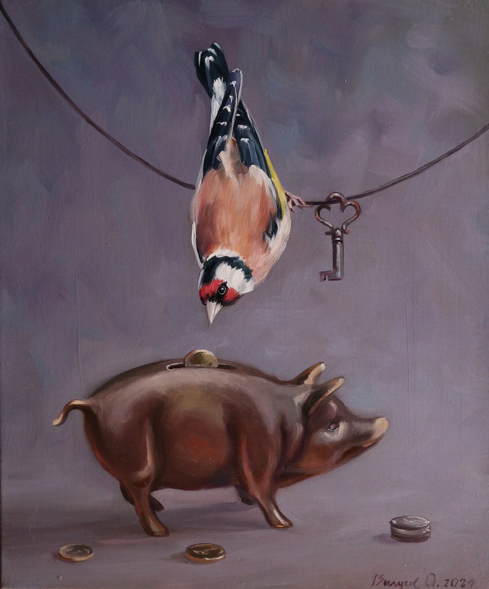 Illustrative Animal Oil Painting By Lena Vylusk, 10 X 12", "Economist", Original Artwork