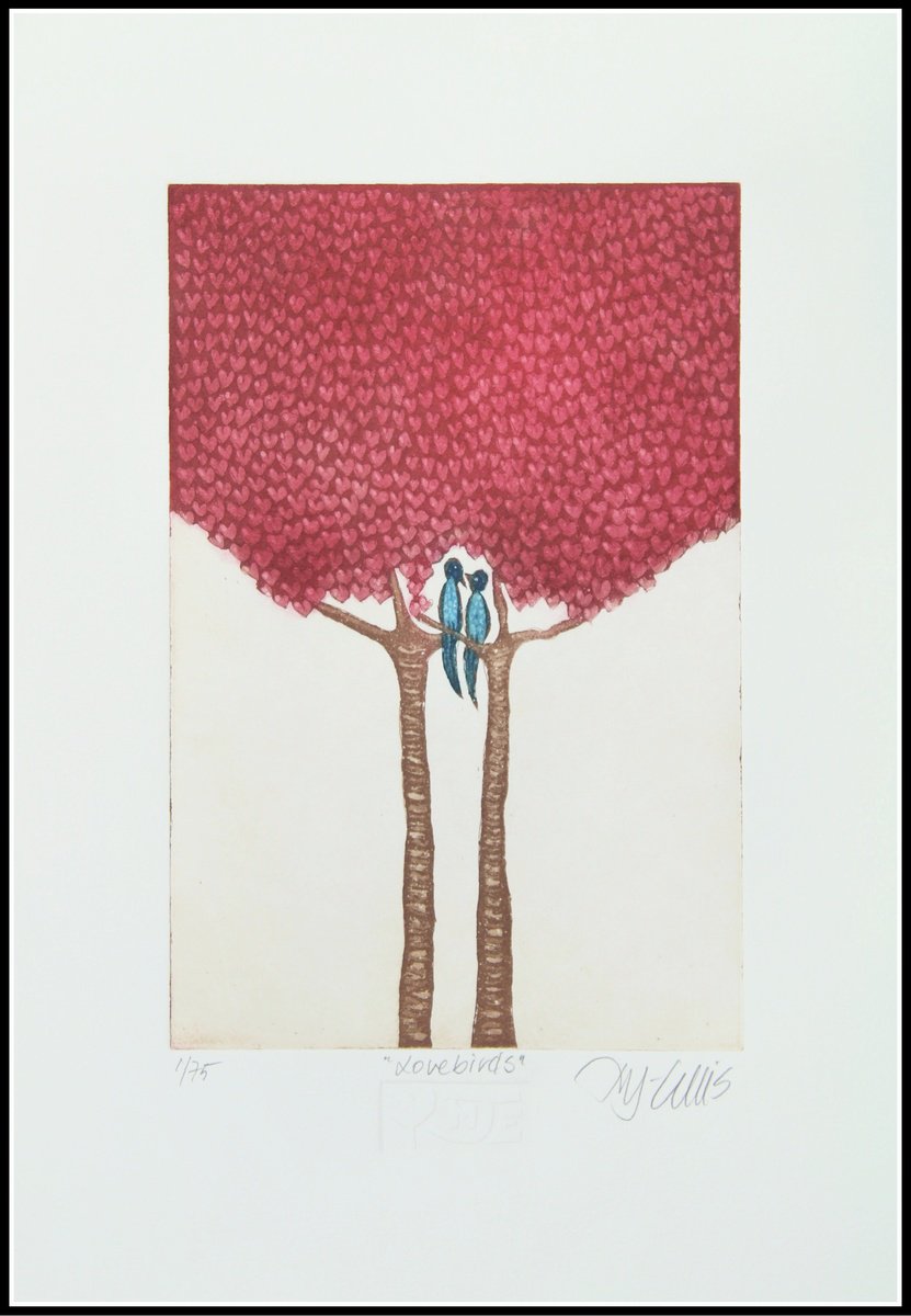 Illustrative Etchings & Engravings , Lovebirds By Mariann Johansen-Ellis, 10 X 14, Artwork For Sale On Artfinder
