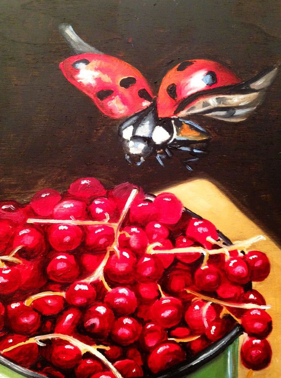 A cup of currants- Original painting - still life on wood ( 8' x 12' ) 20 x 30 cm