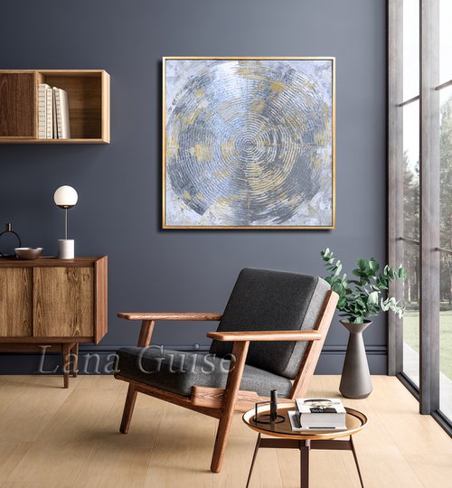 Silver Circle - Original Abstract Silver Grey Gold Large Painting, Living Room Art, Minimalist Art, Wall Art Decor by Lana Guise
