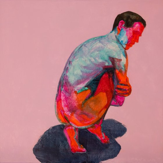 modern pop art portrait of a nude man in blue red and pink