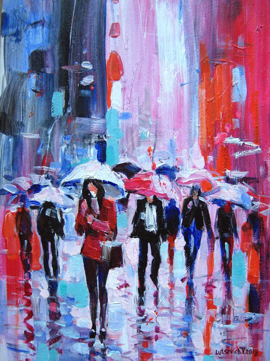 Abstract Portrait Acrylic Painting By Vladimir Lutsevich, 10 X 14", Abstract Rain, Original Artwork