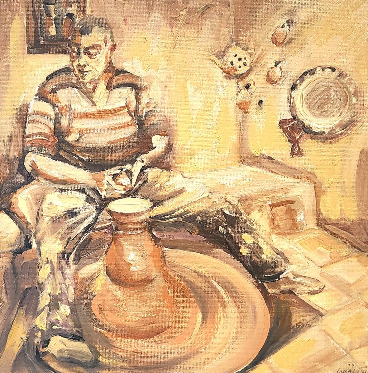 Expressive Portrait Oil Painting By Anahita Amouzegar, 10 X 10, Pottery Making In Cappadocia, Original Artwork