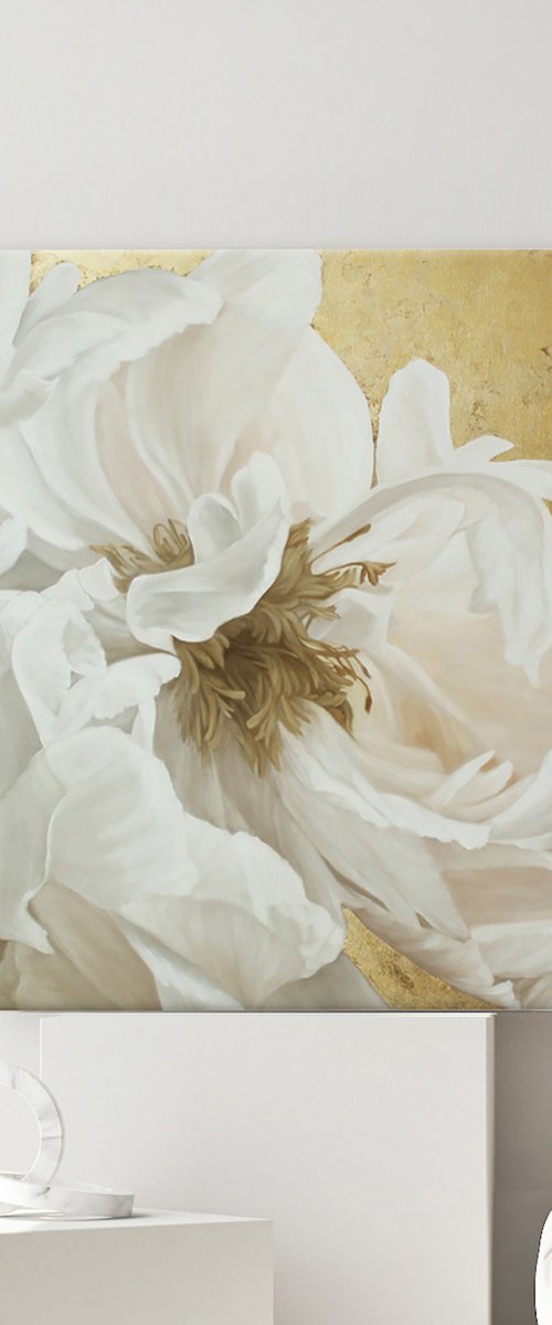 "Silk Flowers 3" White and gold peonies art by Olha