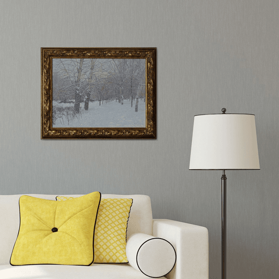 Snow-covered boulevard in Maryino