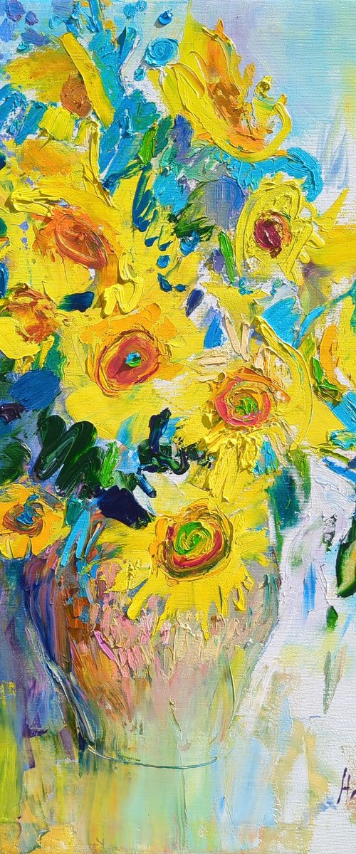 Sunflowers on white by Helen Shukina