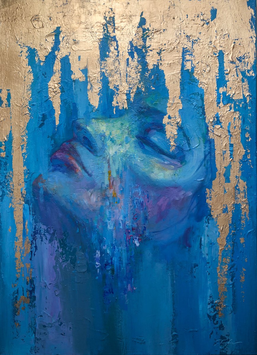 Abstract Portrait Oil Painting By Viacheslav Zaykin, 28 X 39", Blue Blues. | Gold Leaf Portrait | Face Art, Original Artwork