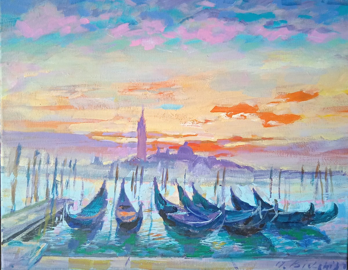 Impressionistic Landscape Acrylic Painting By Oleksandr Bielskyi, 20 X 16", Venice Evening, Original Artwork