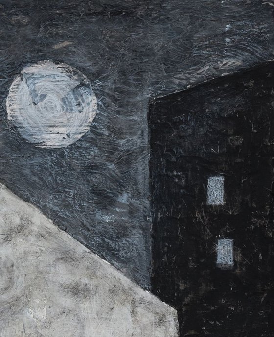 Moonlight over the City - monochrome mixed media painting