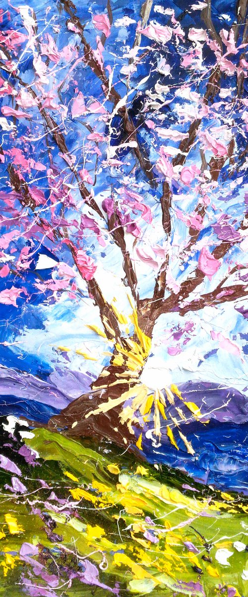 Cherry Tree Painting Flowering Tree Original Art Blooming Tree Oil Impasto Artwork Small Home Wall Art 8 by 12" by Halyna Kirichenko by Halyna Kirichenko