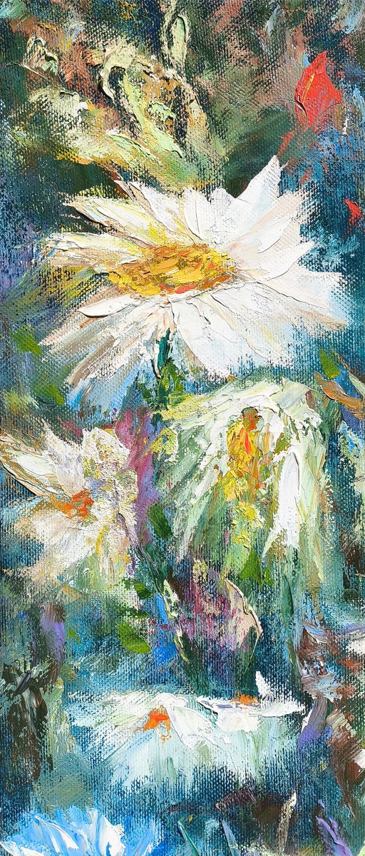Impressionistic Botanical Oil Painting By Anush Emiryan, 12 X 28, Meadow Daisy, Original Artwork