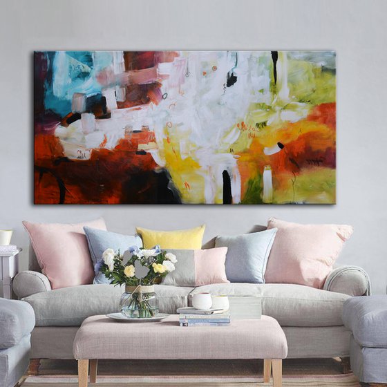 Talking in the Air - Original blue, orange and white long abstract painting