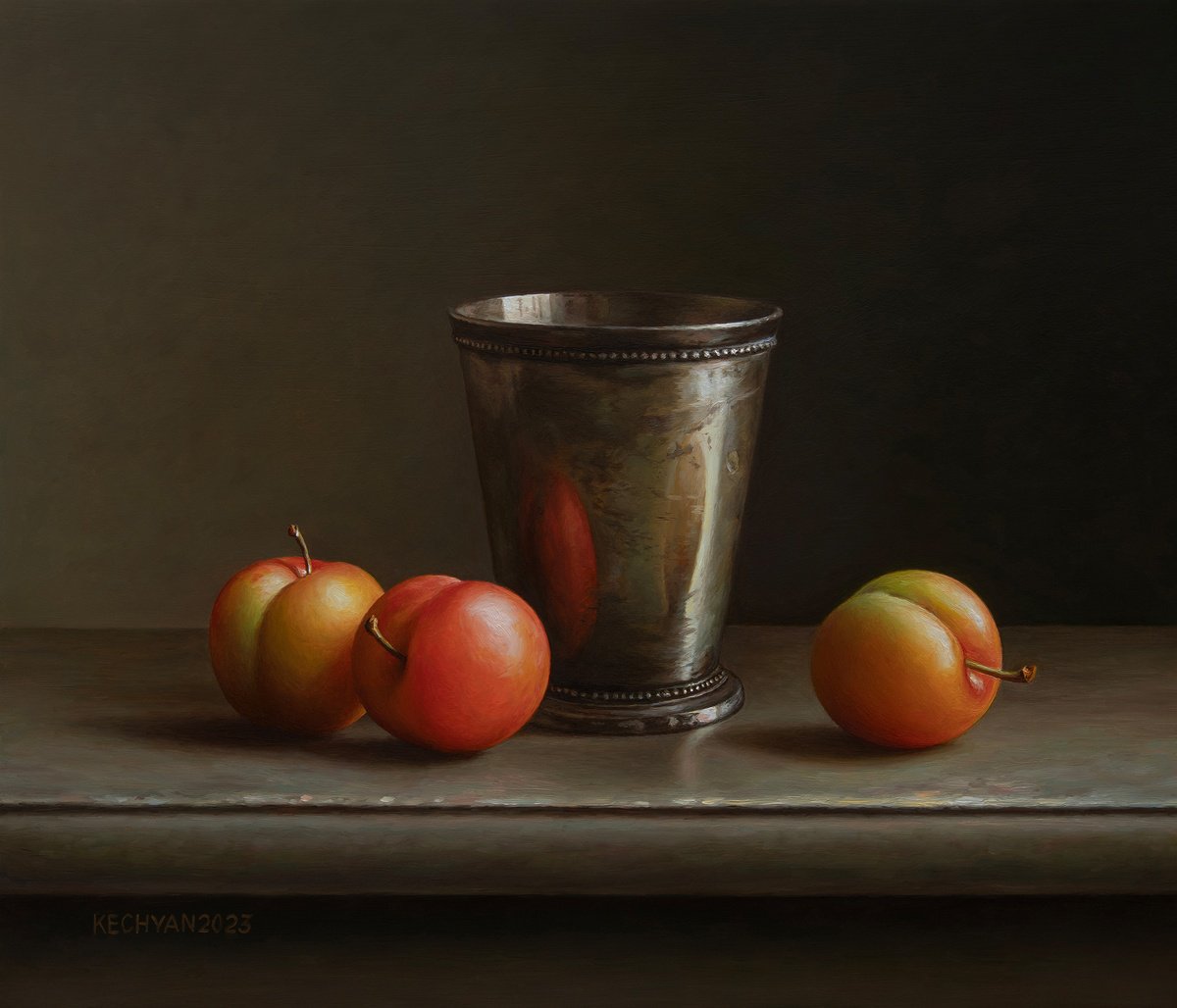Photorealistic Still Life Oil Painting By Albert Kechyan, 14 X 12, Plums With A Cup, Original Artwork