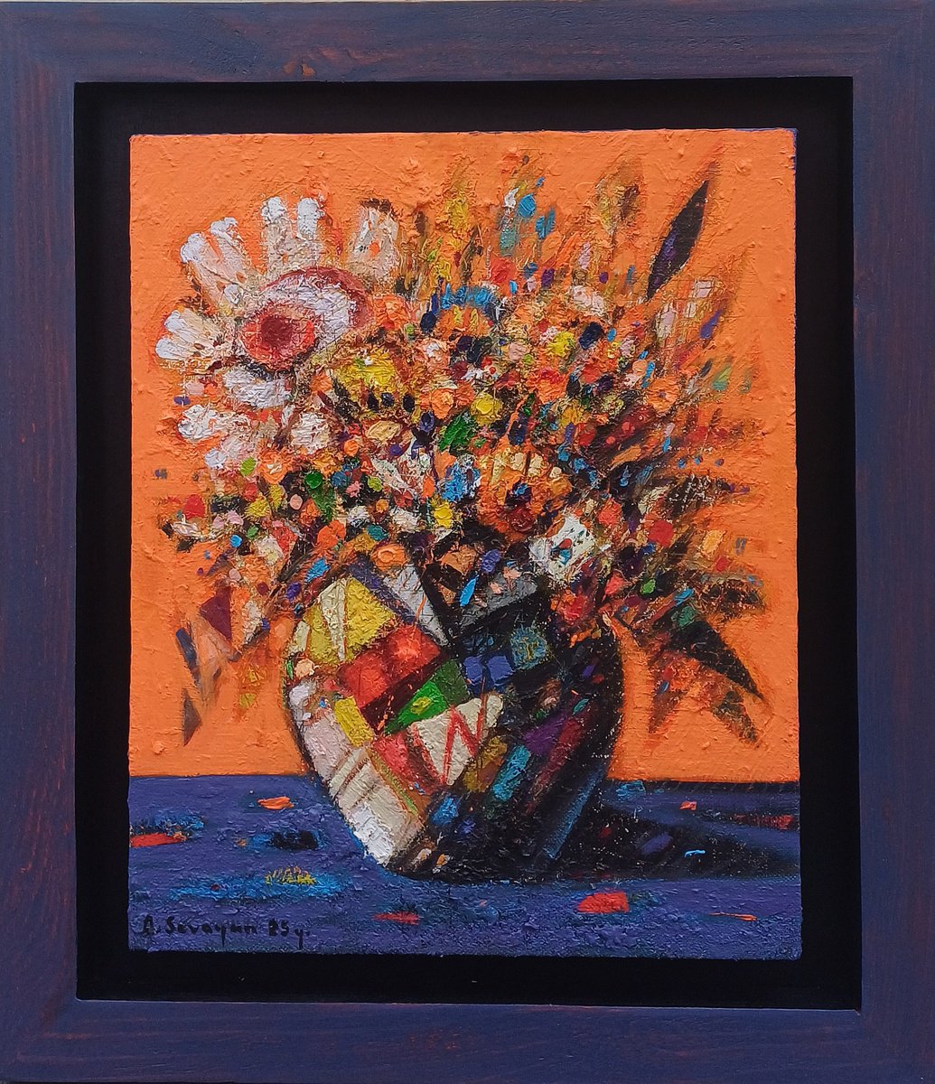 Abstract Botanical Oil Painting By Aram Sevoyan, 11 X 14, The Joyful Arrangement, Original Artwork