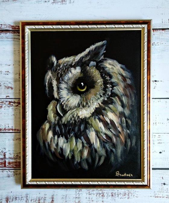 Birds Art Owl Wildlife Nature Night Bird Black & Gold Acrylic Art