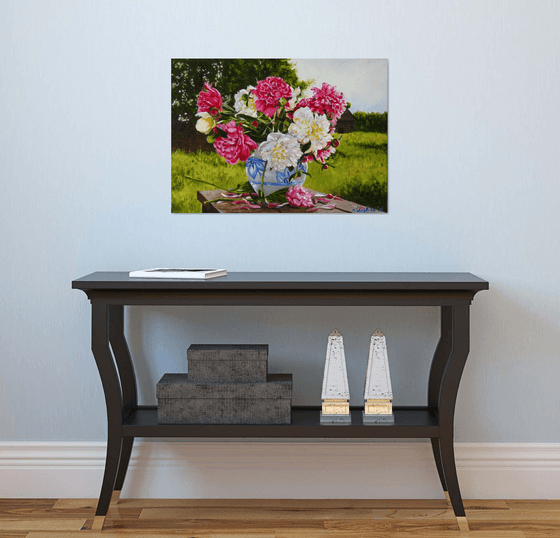 Pink White Peonies in a white-blue vase, Rustic Landscape Wall Art, Peaceful Scene