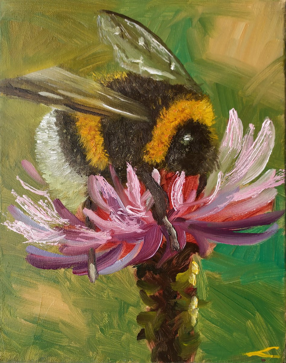 Impressionistic Animal Oil Painting By Elena Sokolova, 9 X 12, Bumblebee, Original Artwork