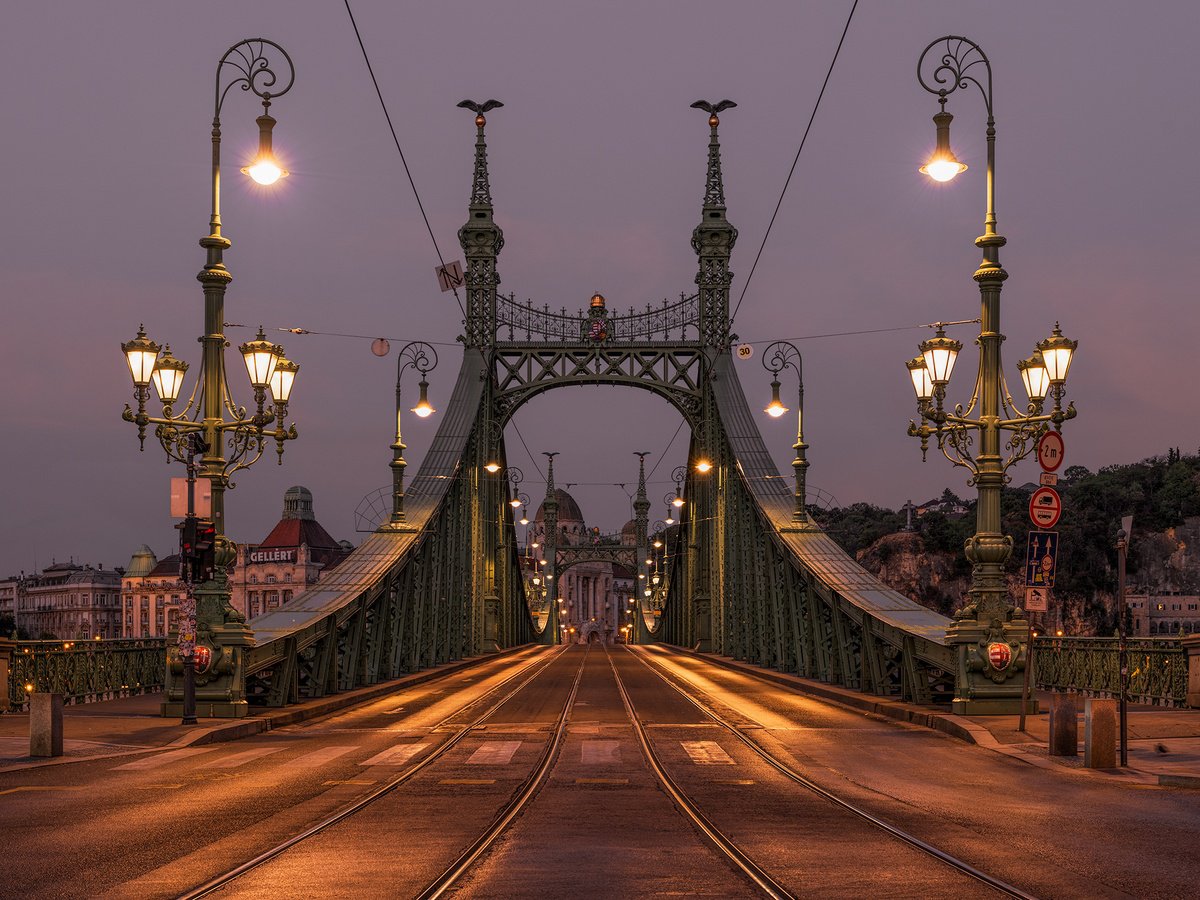 Photorealistic Cityscapes Photograph By Nick Psomiadis, 47 X 35", Liberty Bridge Budapest, Original Artwork