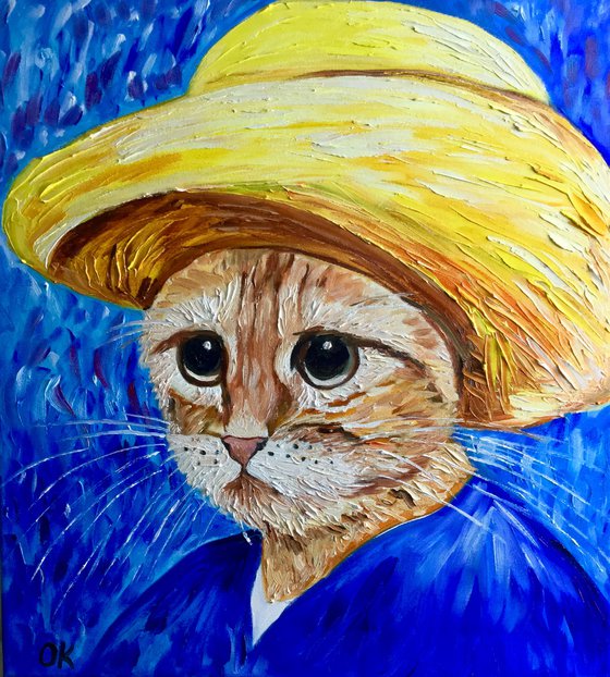 Cat La Van Gogh in a straw hat modern oil painting feline art Van Gogh influence art for animal lovers