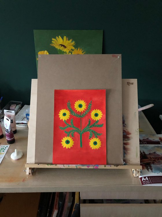 Decorative Sunflowers on Red