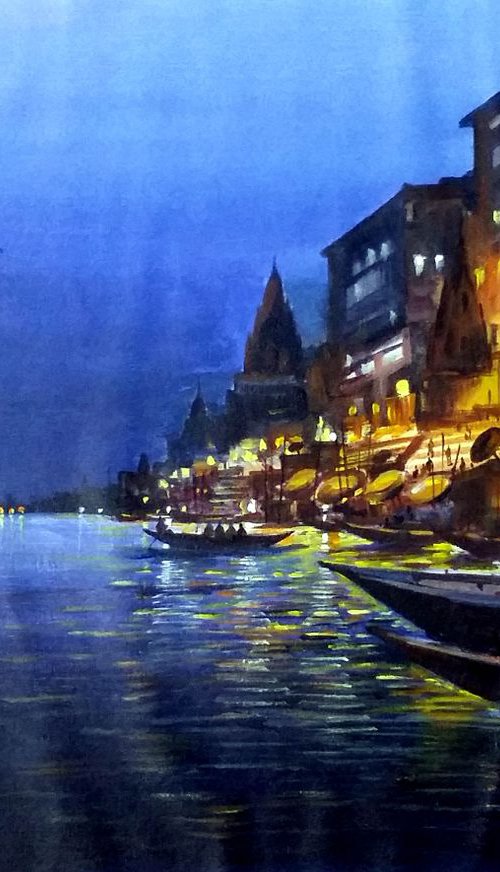 Varanasi Ghats at Night by Samiran Sarkar