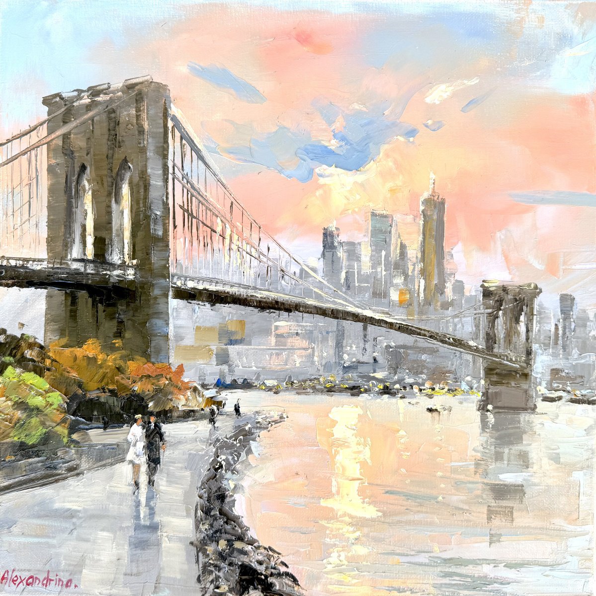 Impressionistic Landscape Oil Painting By Irina Alexandrina, 14 X 14, Manhattan Bridg., Original Artwork
